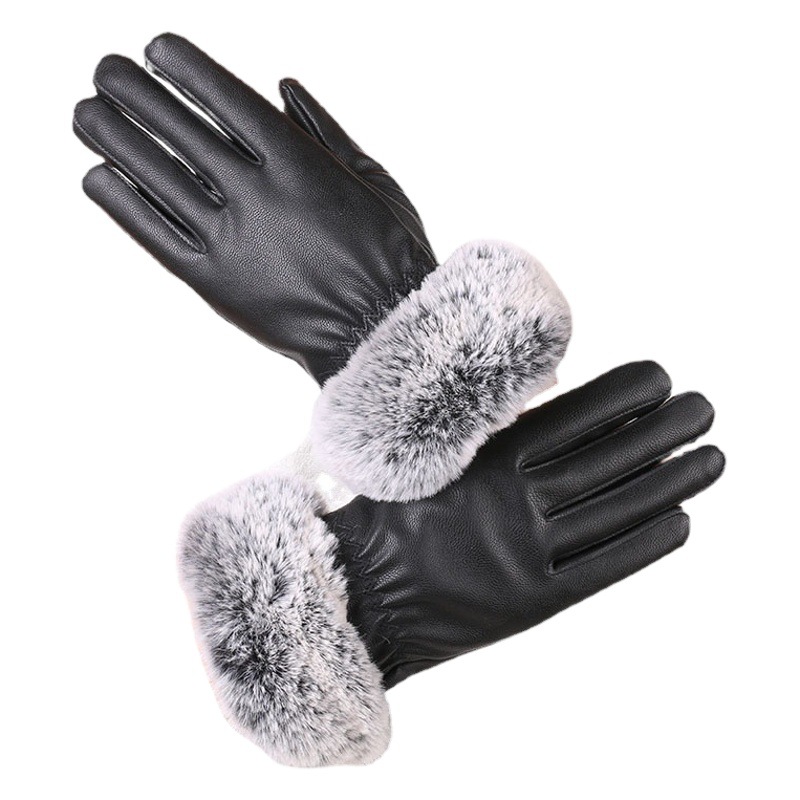 Invierno de las mujeres de piel boca caliente guantes de lana forrada PU guantes de cuero a prueba de frío de conducción de invierno de la pantalla táctil guantes de esquí