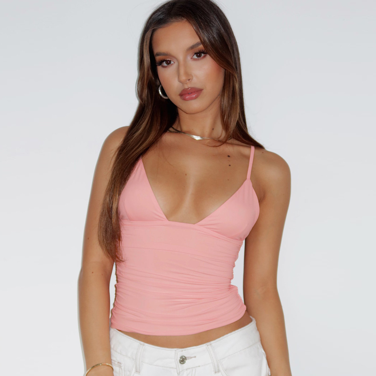 INS Fashion Street Sexy V-Neck Solid Color Crop Top Versatile Slim Fit European And American Style Small_ecoleips.com