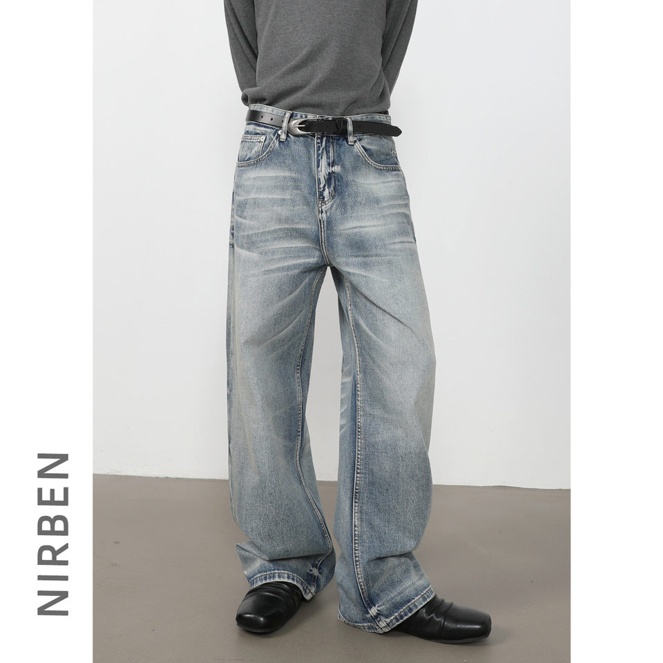 Quần jeans nam ống rộng lưng giữa, dáng suông thoải mái, chất denim washed — màu xanh, màu xanh nhạt, màu xám đen