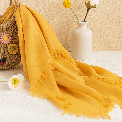 Cross-border cotton and linen scarf for women, spring and summer solid color, Japanese and Korean style, sun protection and warmth, simple and retro, tassel edge silk scarf