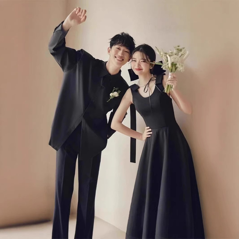 Cross-Border Black Travel Photography Light Wedding Dress Engagement Simple Evening Dress Fresh Style Couple Photo Shoot Dress Wholesale