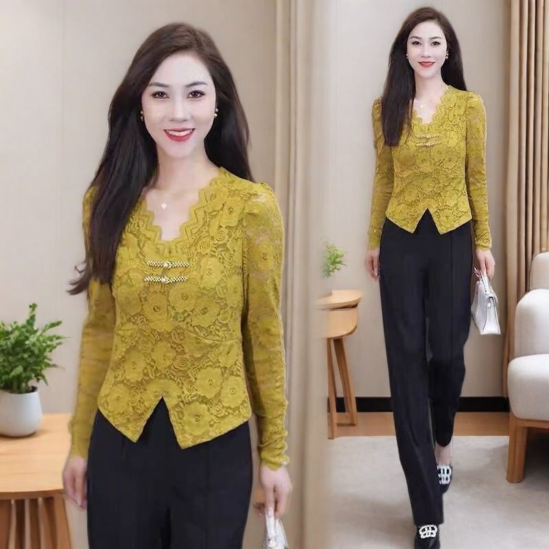 French V Neck Cut Out Lace Bottoming Shirt for Women 2025 Autum New Design Buttoned Long-Sleeved Top Slim Shirt