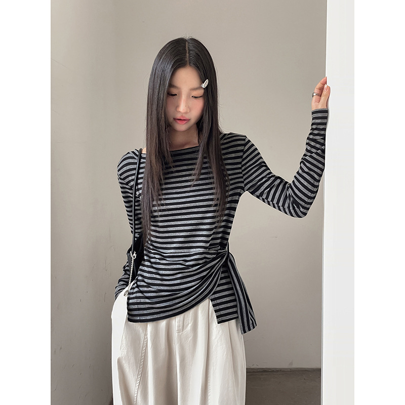 韩系设计感一字肩长袖T恤女2025早秋新款修身显瘦百搭上衣女|undefined