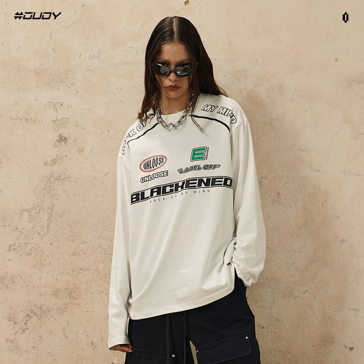 # OVDY Otoño Nueva marca de moda Americana original de los hombres y las mujeres de la misma motocicleta estilo impreso suelta cuello redondo manga larga moda