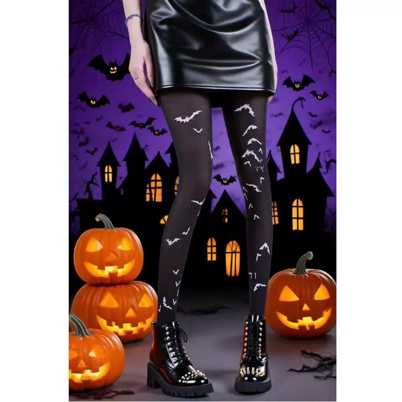 跨境万圣节女连裤袜印花蝙蝠黑丝袜亚文化辣妹性感打底袜工厂直销