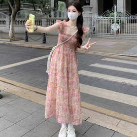 夏季甜美仙气风碎花飞飞袖方领连衣裙女小个子高腰A字长裙子跨境