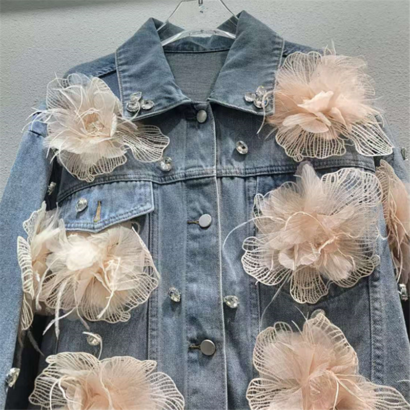2026 primavera Han Fan lujo ligero temperamento dulce extranjero con solapa industria pesada chaqueta denim de flores de moda image 2