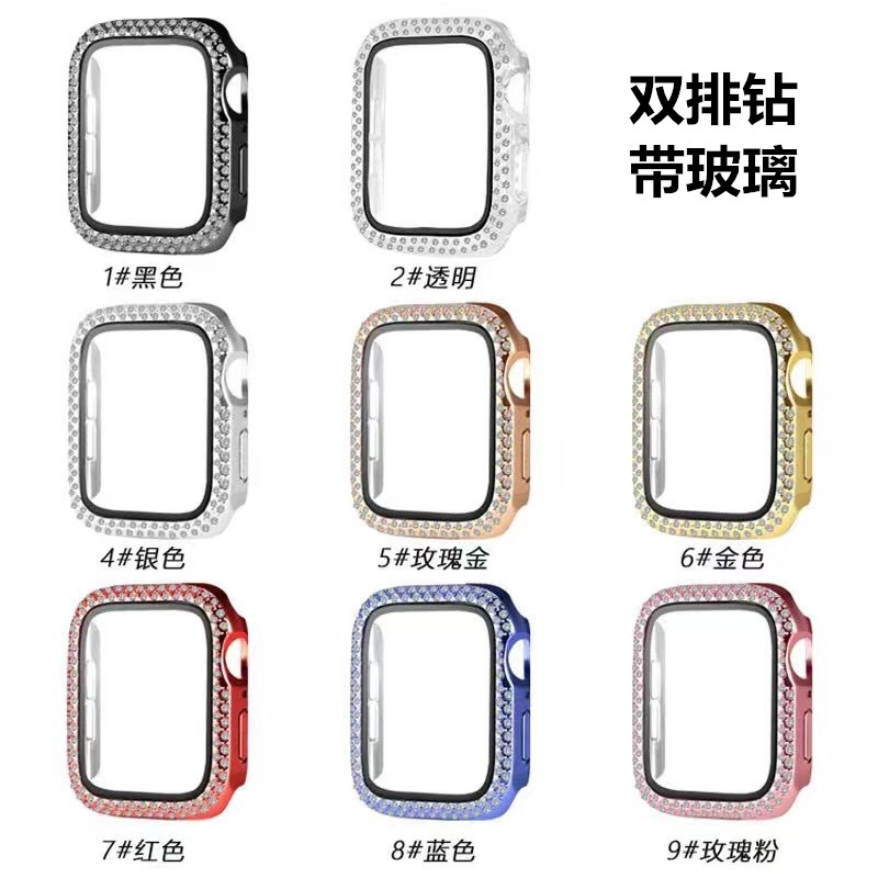 For apple watch Series 2-10 Apple Watch Double Row Diamond Case PC Integrated Tempered Film