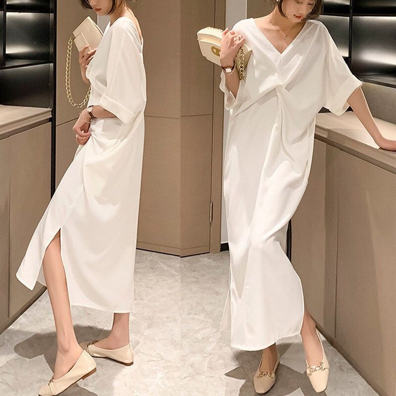 Plus-Size Women's Extra-Large Size 150kg Twisted T-Shirt Dress, Summer Loose Fit, Flattering and Slimming, Backless V-Neck Maxi Dress Plus-Size Women's Extra-Large Size 150kg Twisted T-Shirt Dress, Summer Loose Fit, Flattering and Slimming, Backless V-Neck Maxi Dress