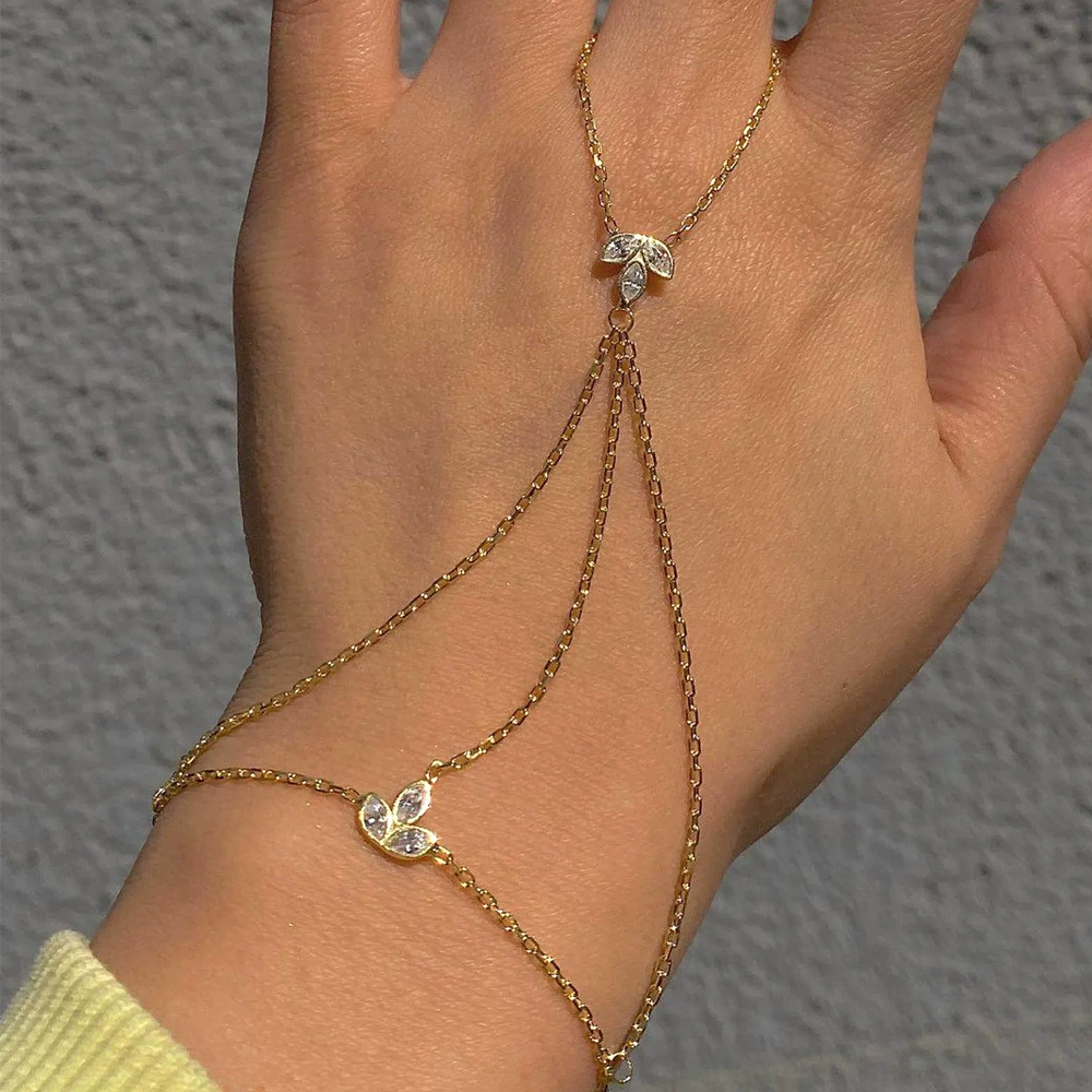 Трансграничный новый листовой браслет с пальцами для женщин нишевые минималистский богемный стиль стразы браслет спина дизайн ручной одежды