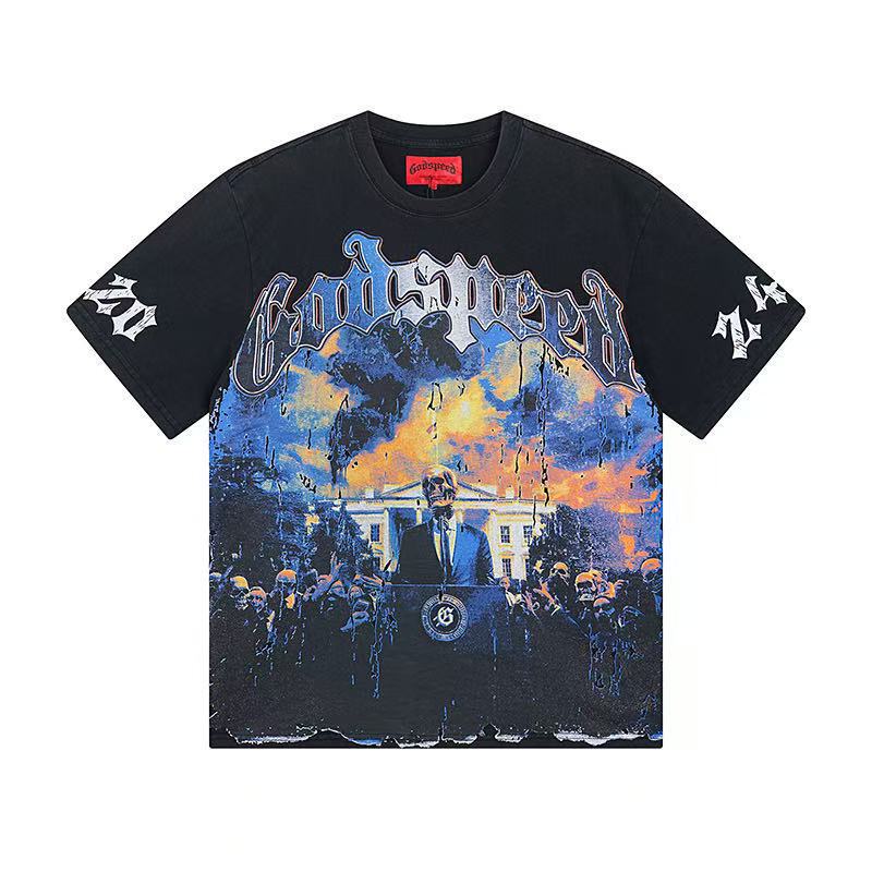 クロスボーダー 25ss アメリカのトレンディなブランド Godsed ロックバンドバスケットボール高品質ウォッシュブラック半袖 T シャツ男性と女性用|undefined