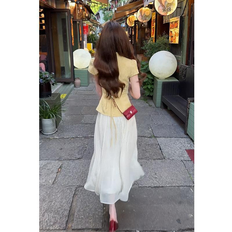 2025夏季新款女新中式立领盘扣修身短袖上衣设计感高腰显瘦半身裙|undefined