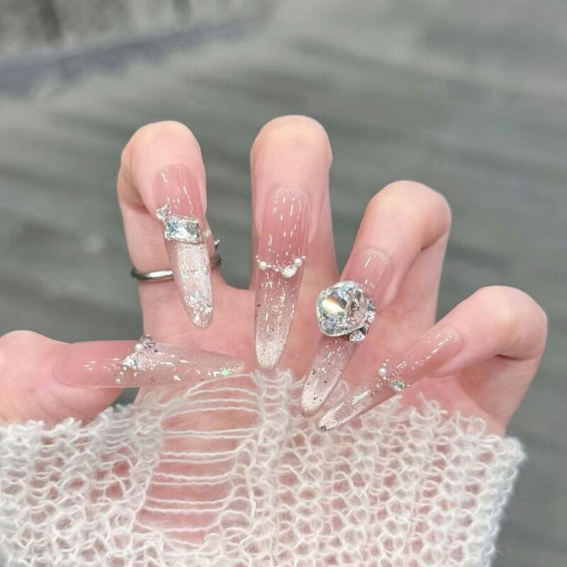 Handmade Pure Desire Style Wearable Nails, Long French Cat-Eye Style New Year Nail Art, Finished Detachable Nail Pieces, Wholesale