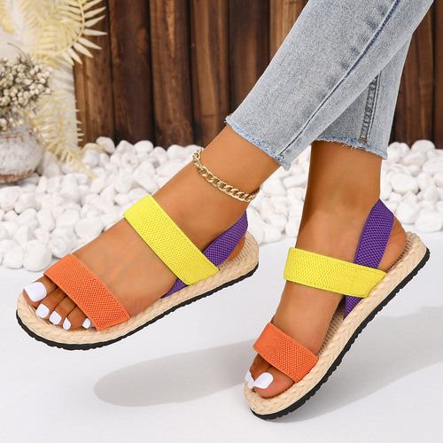 Flat sandals for women with elastic cross straps, suitable for summer outdoor wear, imitating grass weaving and linen Roman style.