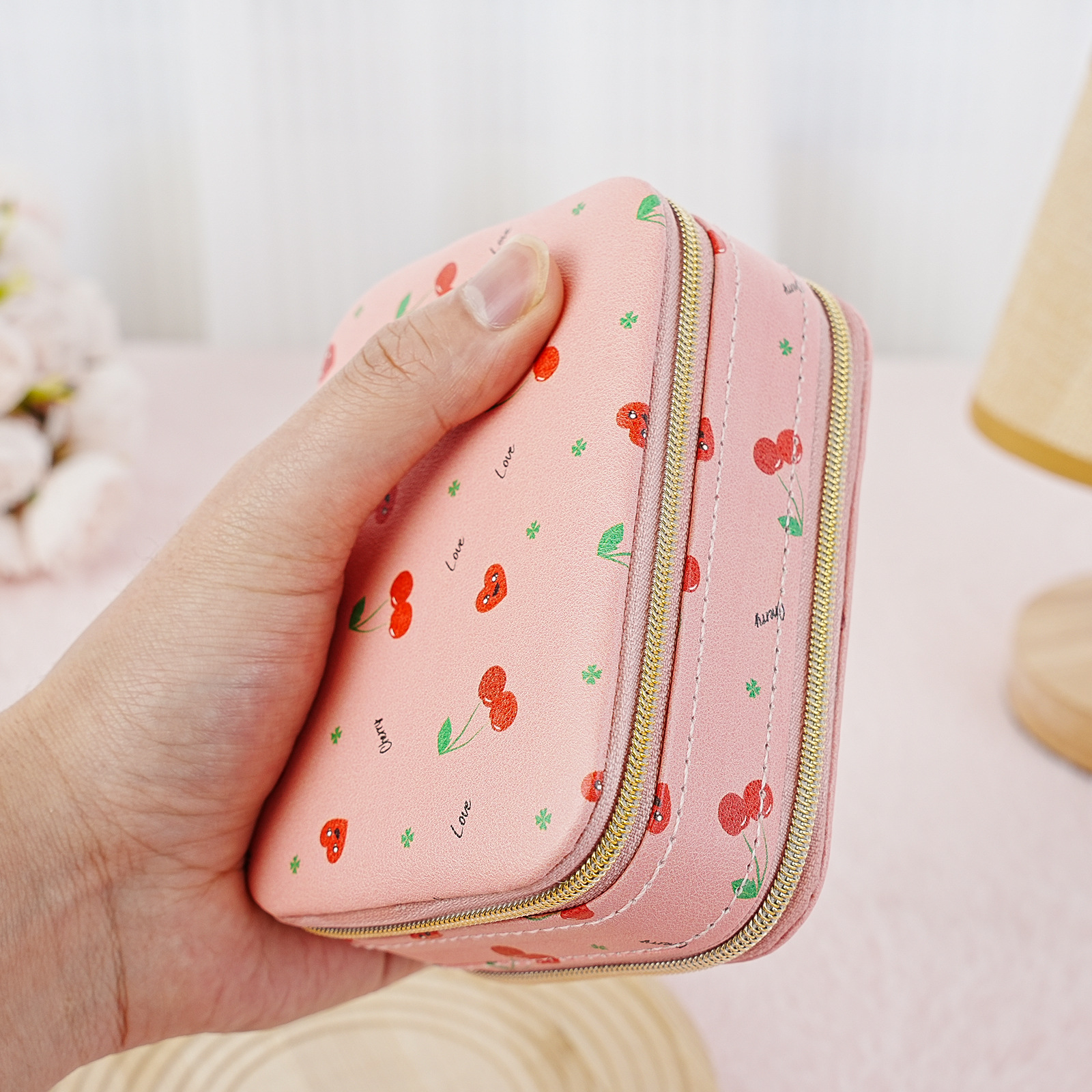 Impresión de doble cremallera caja de joyería anillo perno pulsera con espejo bolsa de joyería portátil con cremallera