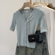 单排扣V领半袖针织开衫女装好物2025夏季新款设计感别致外穿上衣