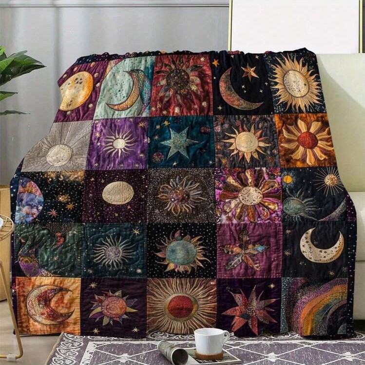 1 Piece Of Vintage Sun And Moon Printed Flannel Blanket - Co