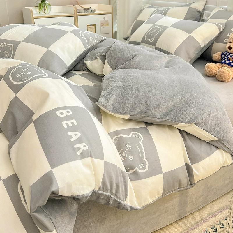 Juego de cuatro piezas de terciopelo de leche de algodón puro 2023 nuevo otoño e invierno más funda de edredón de sábana de terciopelo de coral juego de tres piezas