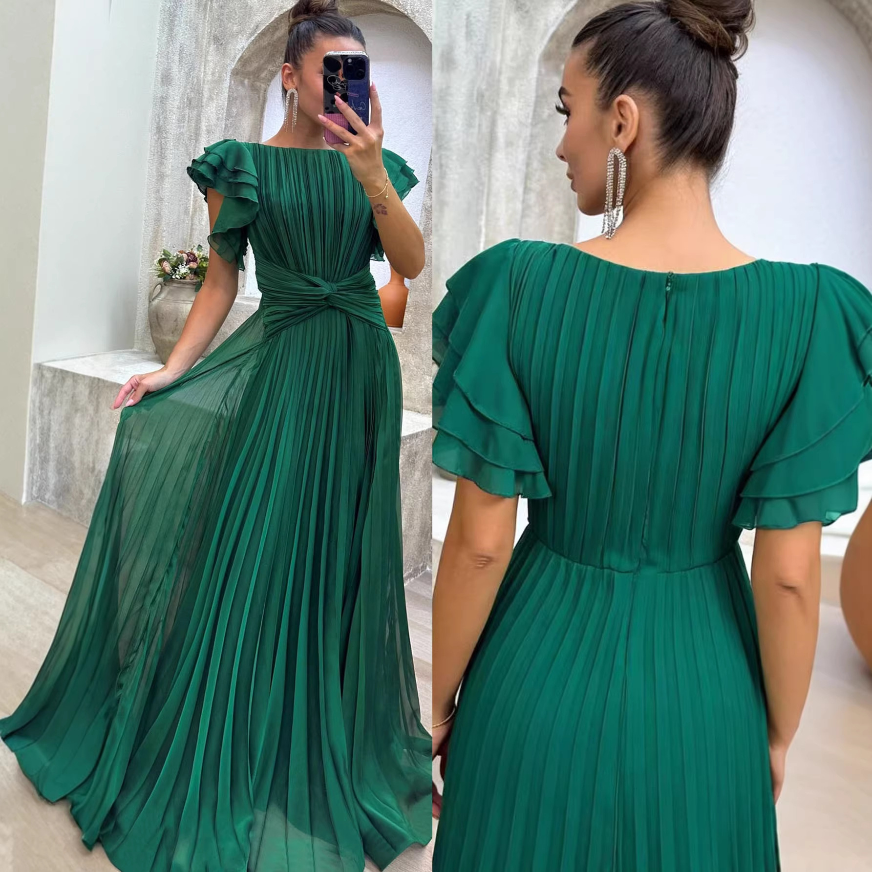 661W New European And American Fashion Women's Mid-Waist Slimming Long Pleated Dress, Large Hem Gown_ecoleips.com