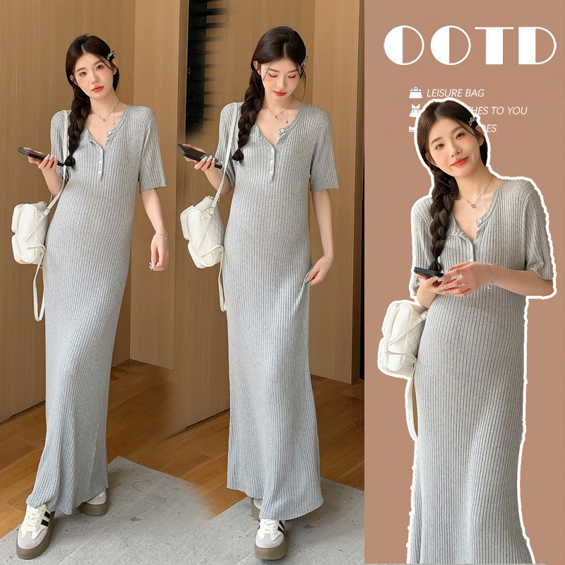 Pregnant Women's Summer Wear European and American Style Elegant Grey Slim-fit Slimming Knitted dress Summer All-match Casual Long Skirt Thin