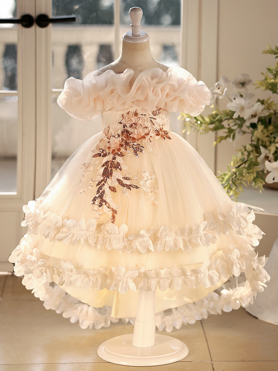 Vestido de niñas vestido de princesa de cola floral vestido de novia niños anfitriones de piano vestido de boda de verano