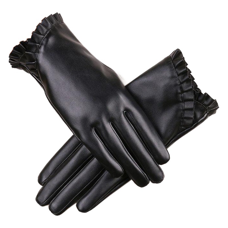 Guantes calientes de otoño e invierno para mujer de moda de encaje de cuero PU de estilo coreano forrado de lana a prueba de frío a prueba de agua guantes de pantalla táctil de moda