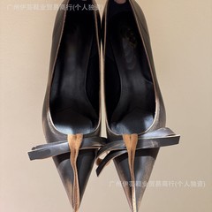 P家走秀2025新款欧美外贸高定时髦ins英伦风做旧蝴蝶结高跟单鞋女