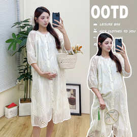 雪美芙孕妇连衣裙2024夏季薄款重工镂空刺绣宽松中长款可哺乳裙