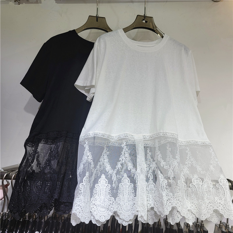 Diseño de encaje de costura camiseta de mangas cortas mujeres 2026 primavera y verano moda suelta delgada cuello redondo blusa casual universal image 1