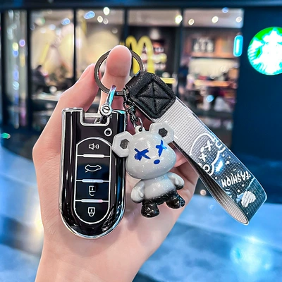 Suitable for Beilu Dafta Toyota Car Key Cover Malaysia Perodua Beiluda Car Remote Control Case (Car key bag) - beilu-model-a-smart-4-button-single-shell-black-gray-violent-bear-pendant