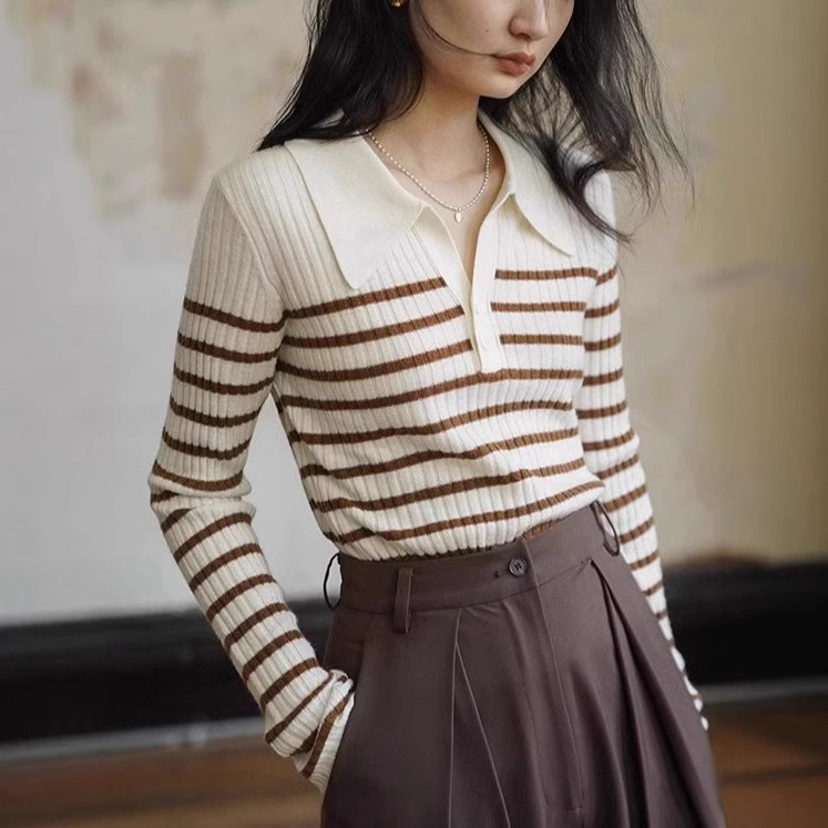 French Striped Polo Neck Knit Sweater Women's Spring and Autumn Short Lapel Long-sleeved Sweater Slim-fit Base Top