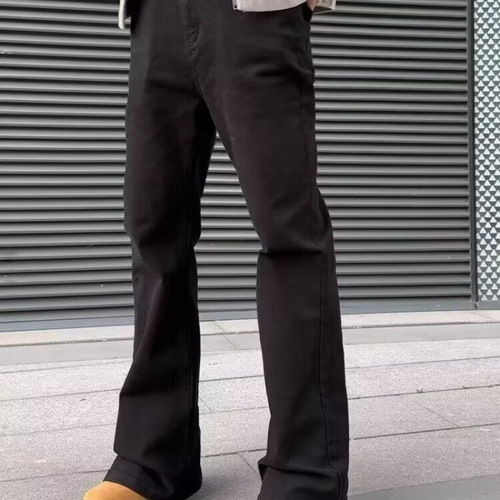 Water Washed Spring and Autumn New Micro Elastic Long Pants Regular Mid Waist Japanese Trend Black Straight Leg Pants Micro Slit Denim Men Youth