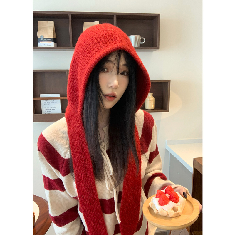 红色巴拉克拉法帽女秋冬保暖毛线帽子围巾一体连帽围脖针织套头帽|undefined