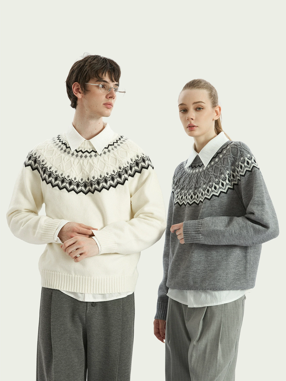 【JMWH】Ночная вечерняя Fair Isle вязка с воротником-стойкой, удобный и дышащий реглан-свитер