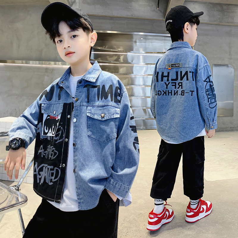 Children's clothing boys autumn shirt 2023 new spring and autumn style boys handsome autumn middle and large children denim shirt trendy