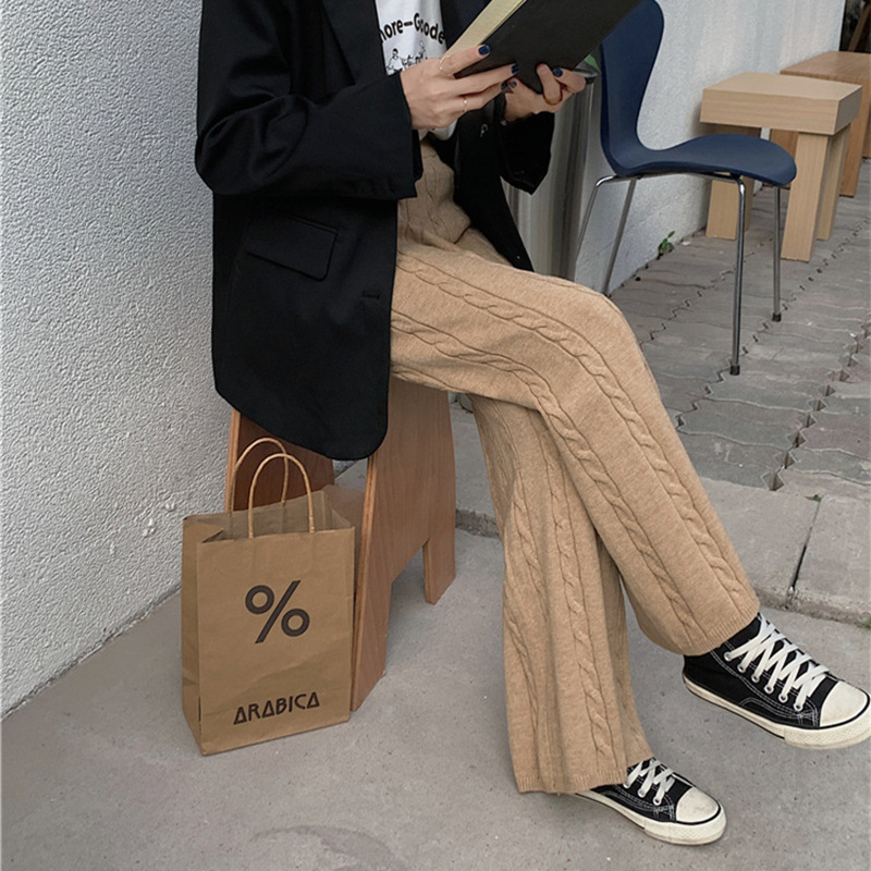 Women's Clothing Retro twisted knit wide leg pants for women autumn and winter new high waist slim loose straight mopping pants casual trousers thick_voghion.com