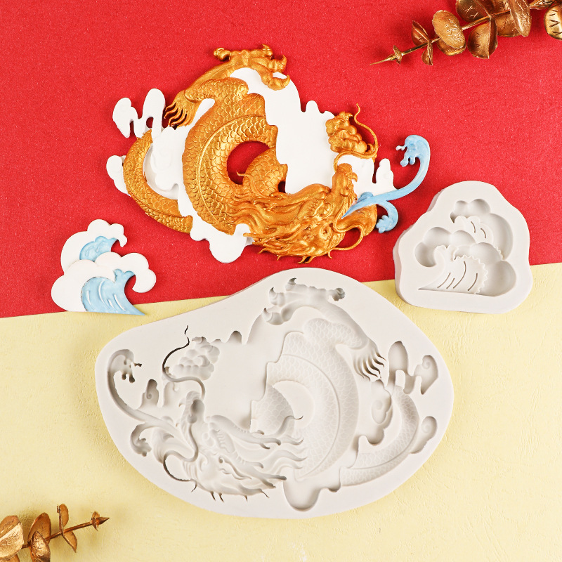 Año Nuevo estilo chino auspicioso dragón spray hornear fondant cake decoración montaña edificio casa chocolate molde de silicona