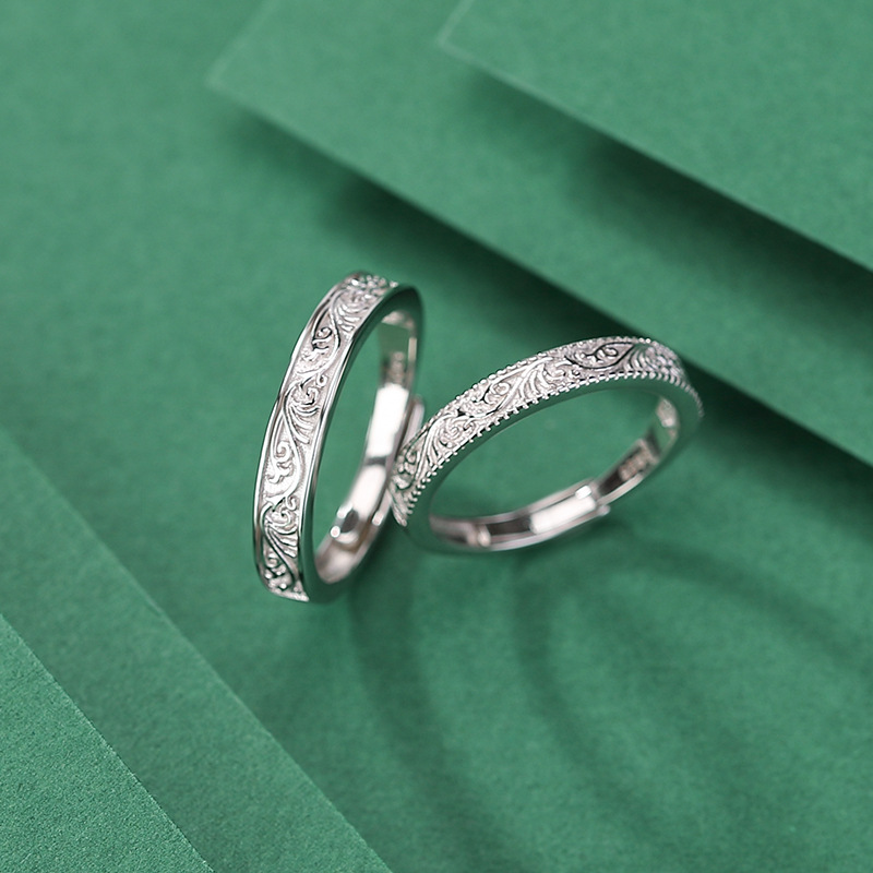 Nhẫn đôi bạc S925 phong cách dân tộc họa tiết cỏ Đường tốt lành — Nam (Khoảng 2.7 gram)