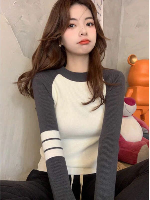 毛衣女长袖打底衫秋季2025年秋装新款圆领修身内搭拼色针织衫上衣|undefined