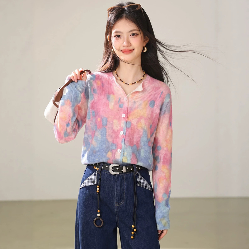 Geyunya 2026 Autumn City Afterglow Horse Sponge Wool Tie-Dye Art Slimming Fashion Sweater Cardigan