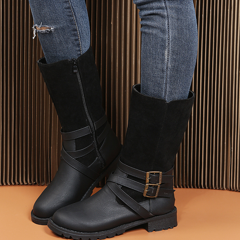 Women's Shoes mid tube Martin boots belt buckle round head low heel knight boots side zipper leather boots_voghion.com