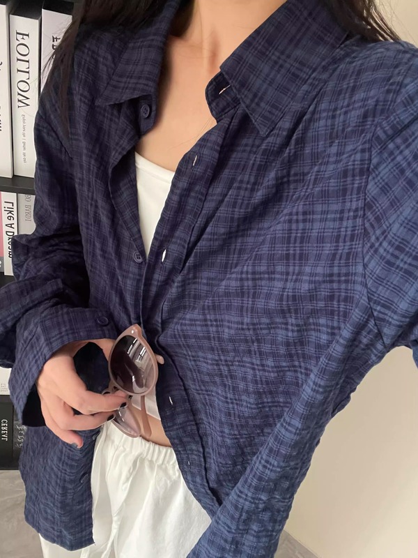 法式复古藏蓝色格子衬衫女2025秋季宽松慵懒风超好看长袖衬衣上衣|undefined