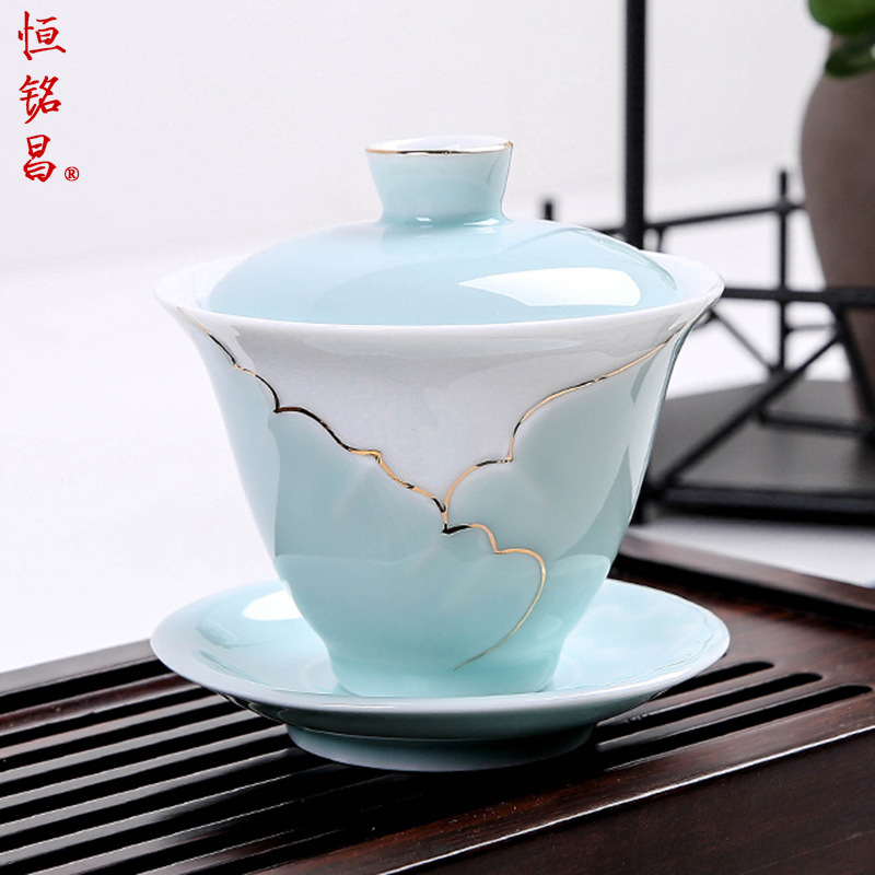 0B32批发整套青瓷功夫茶具套装欧式手工描金陶瓷薄胎白瓷透光盖碗