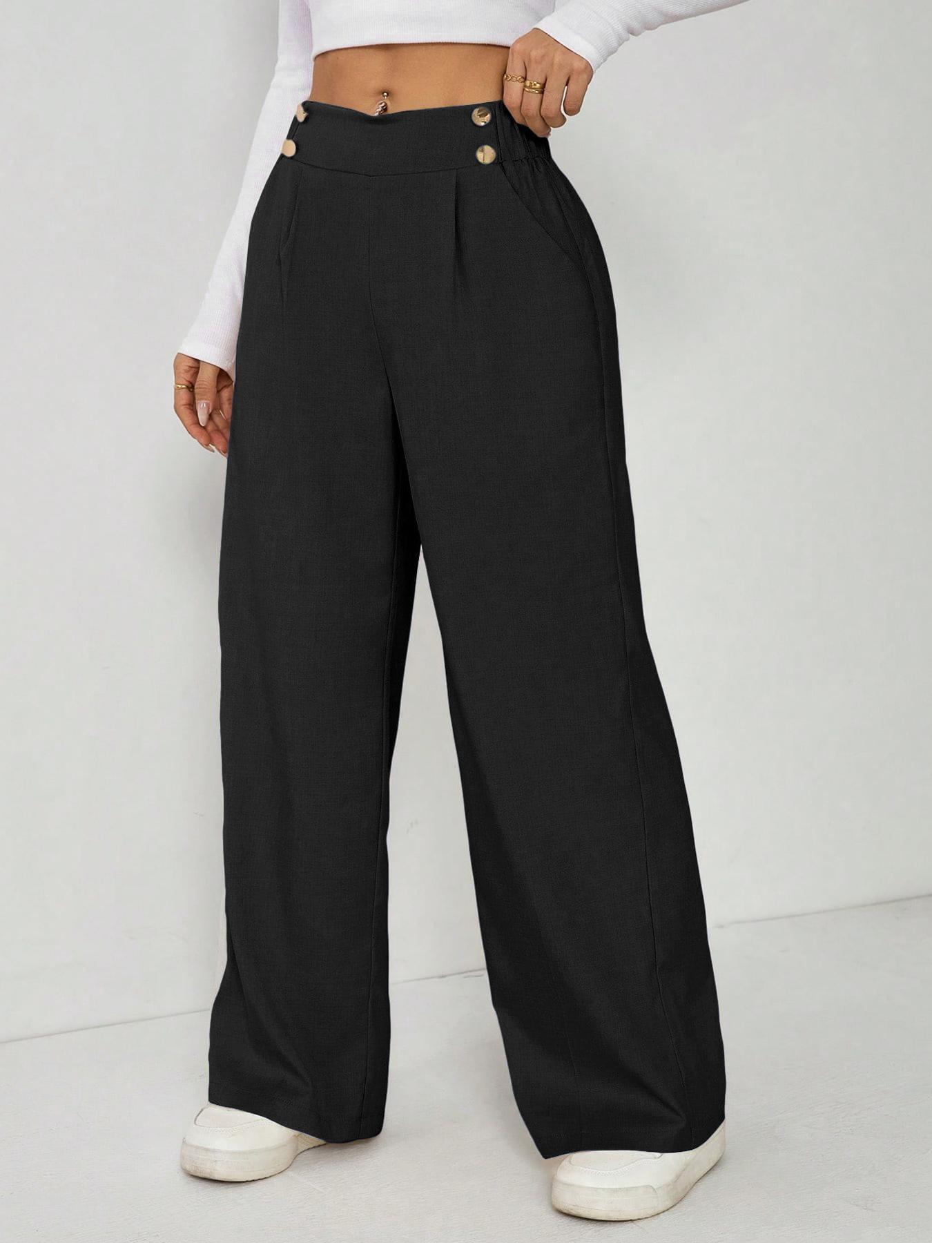 Women's Wide Leg Straight Leg Trousers Casual Fashion European American Style Button Decoration Commuting Pants_ecoleips.com