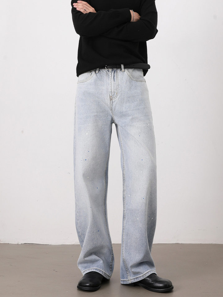 Quần jeans nam ống rộng dáng suông giặt mài họa tiết vẩy mực — Màu xanh dương