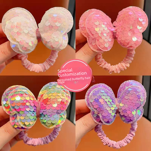 Glitter Butterfly Hair Tie for Kids, Non-Damaging Hairband with Butterfly Knot, High Ponytail Hair Ribbon for Girls, Rubber Band Hair Accessory