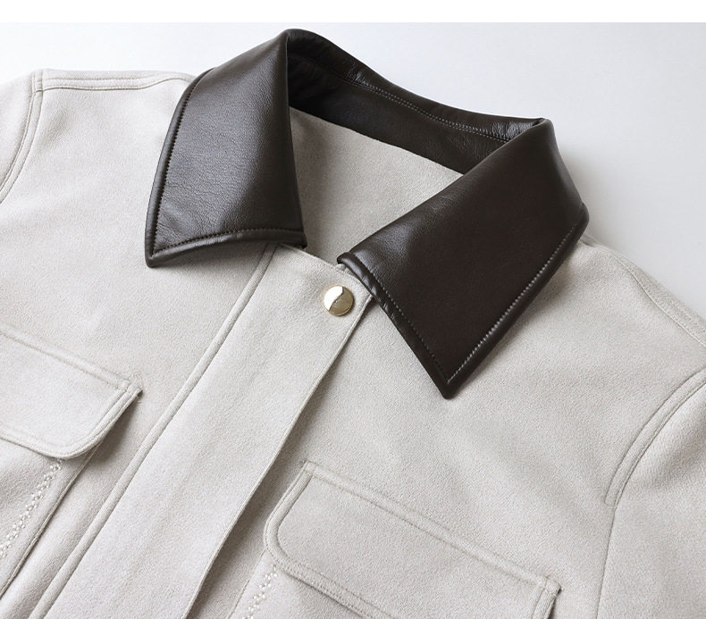 Áo khoác nữ dáng ngắn phong cách workwear, chất liệu giả da lộn, cổ bẻ, khóa kéo, phối ghép — màu be chi tiết 14
