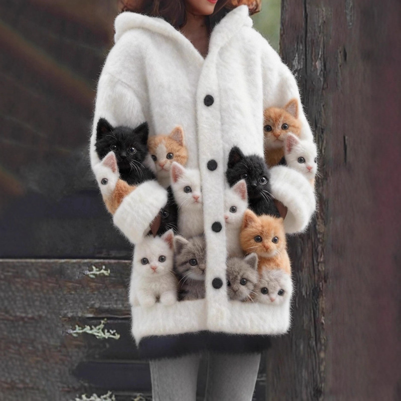 Foreign Trade Cross-Border Amazon Independent Station Foreign Trade New Cat Pattern 3D Printed Casual Sweatshirt Cloak Jacket