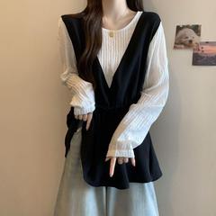大码女装韩版遮肚子假两件长袖衬衫女春秋胖妹妹洋气百搭显瘦上衣