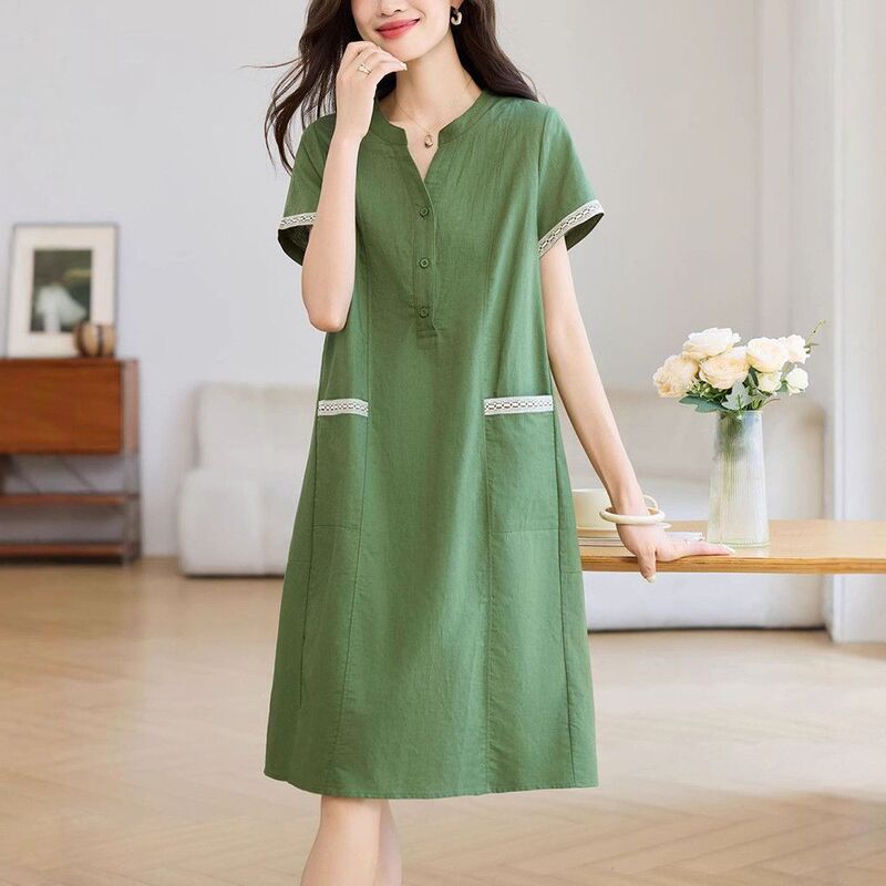 Cotton and Linen Dress with Lace Splicing Korean Style Simple and High-End Shirt Dress Summer Loose Flesh-Covering Mid-Length Skirt